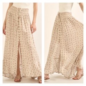 NWT Promesa Sand Floral Smocked Waist Button High Low Maxi Skirt